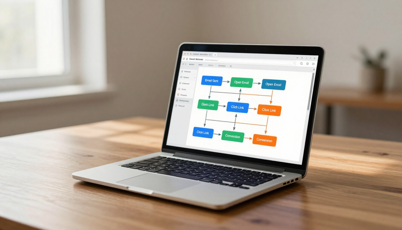 Email marketing automation workflow on a laptop