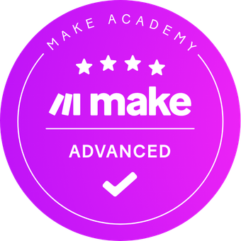 A purple make academy advanced badge with a check mark