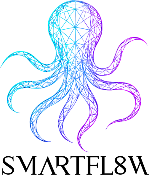 A blue and purple octopus with the words smartfl8w below it