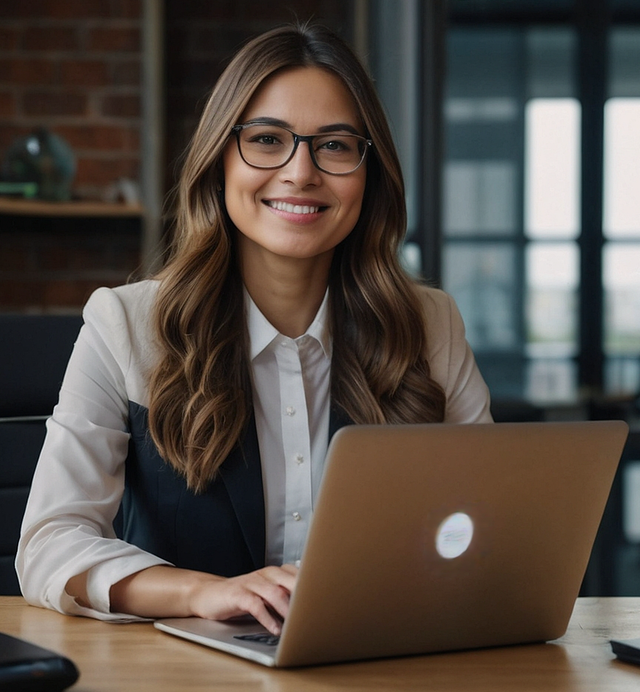 A woman wearing glasses is smiling while using a laptop computer