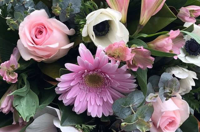 a close up of a bouquet of pink and white flowers