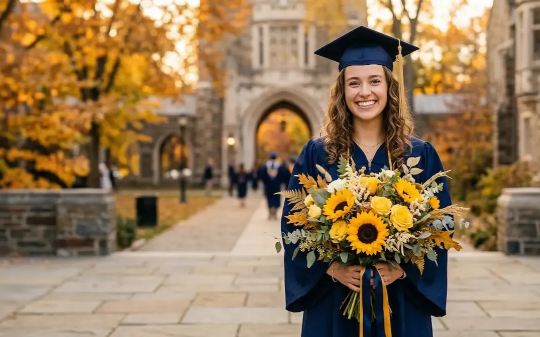 A smiling graduate in a cap and gown holds a large sunflower bouquet on a university campus during autumn.