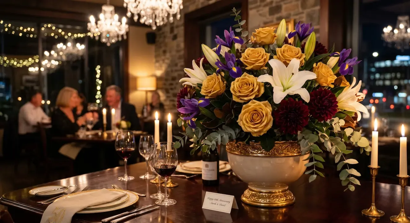 Elegant dining table with a large purple, white, and gold floral centerpiece in a candlelit restaurant