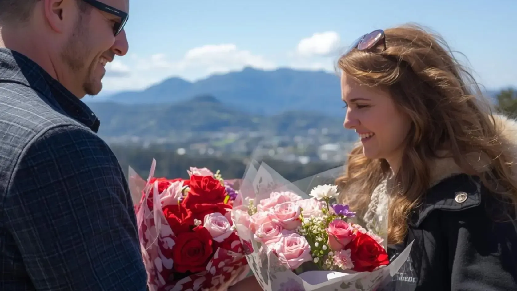 Man smiling, giving flowers to a woman with mountains and city in the background.