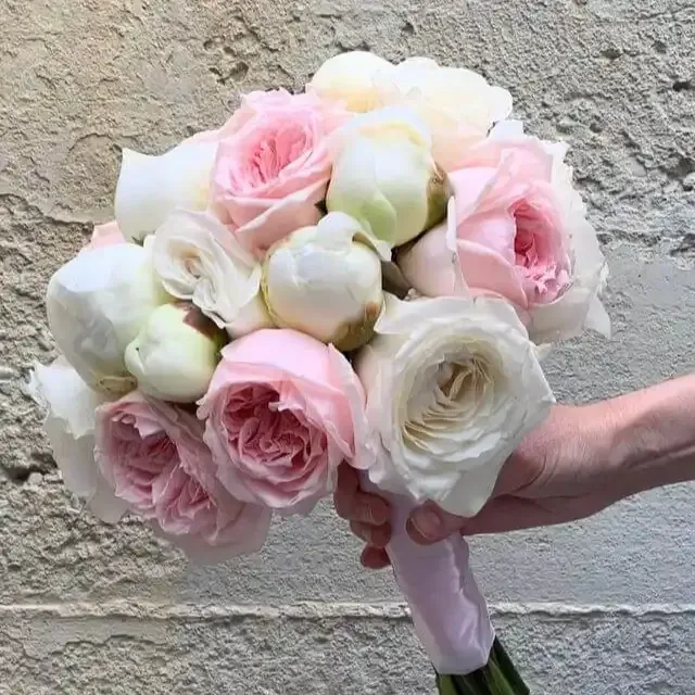 a person is holding a bouquet of pink and white flowers