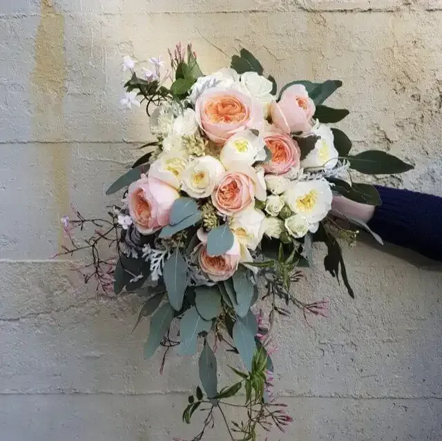 a person is holding a bouquet of pink and white flowers