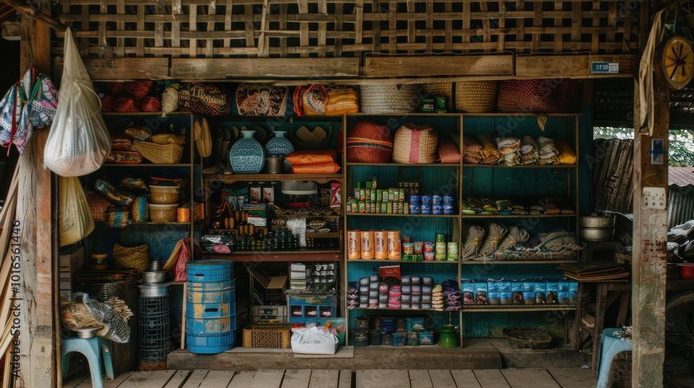 A rustic shop exterior displaying various goods on shelves, items include food, supplies, and fabrics.
