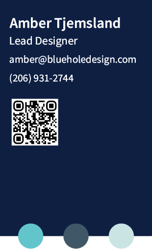 A business card for amber tjemsland lead designer
