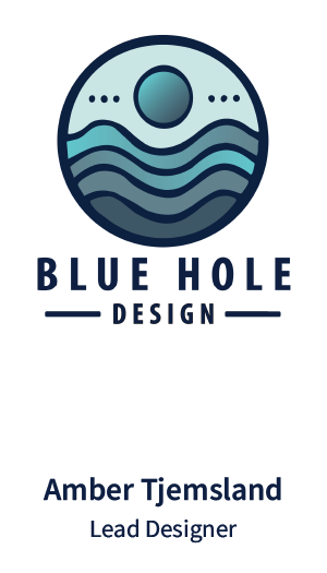 A logo for blue hole design by amber tjemsland lead designer