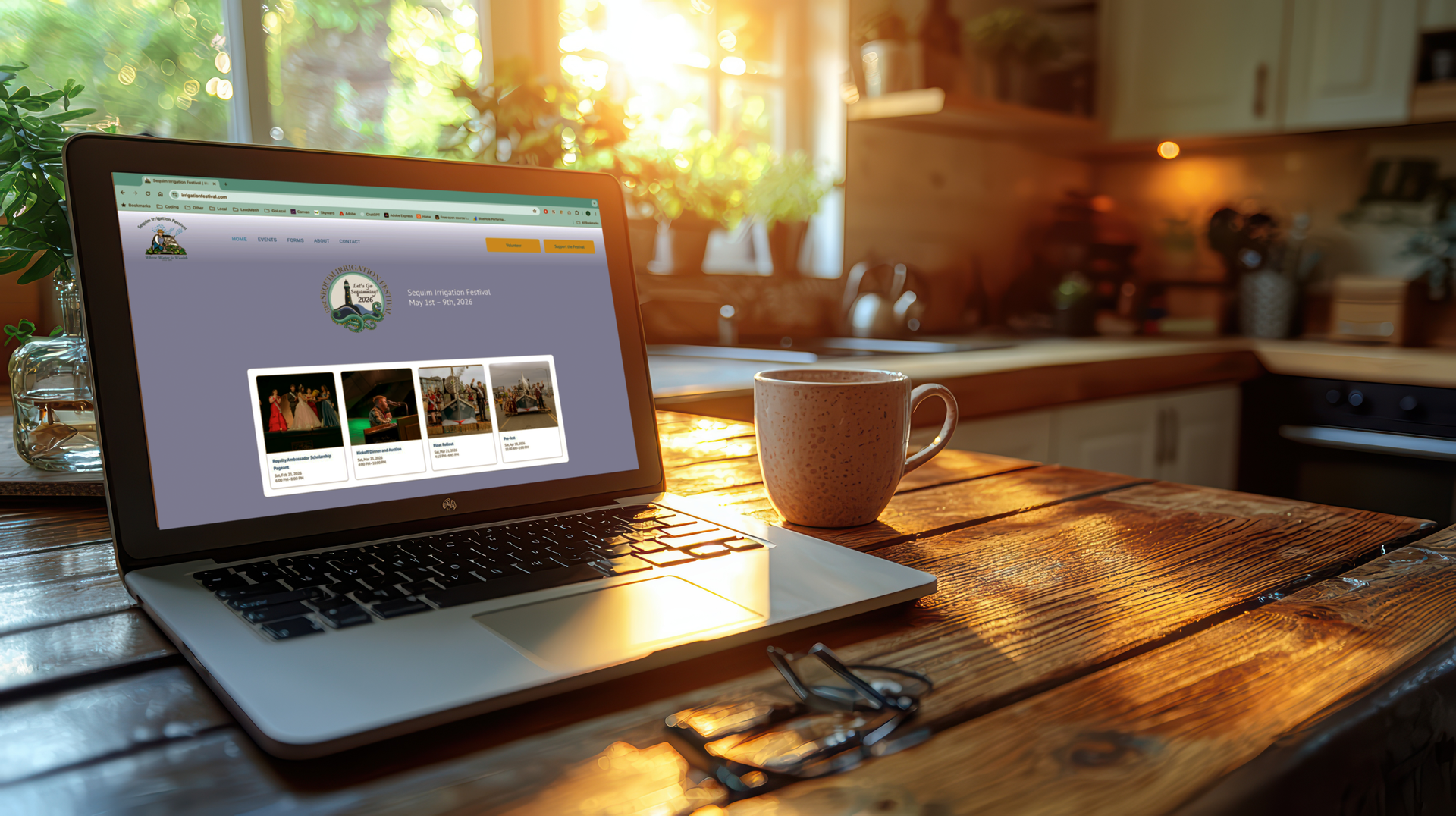 Irrigation Festival website on a laptop sitting on a wooden table
