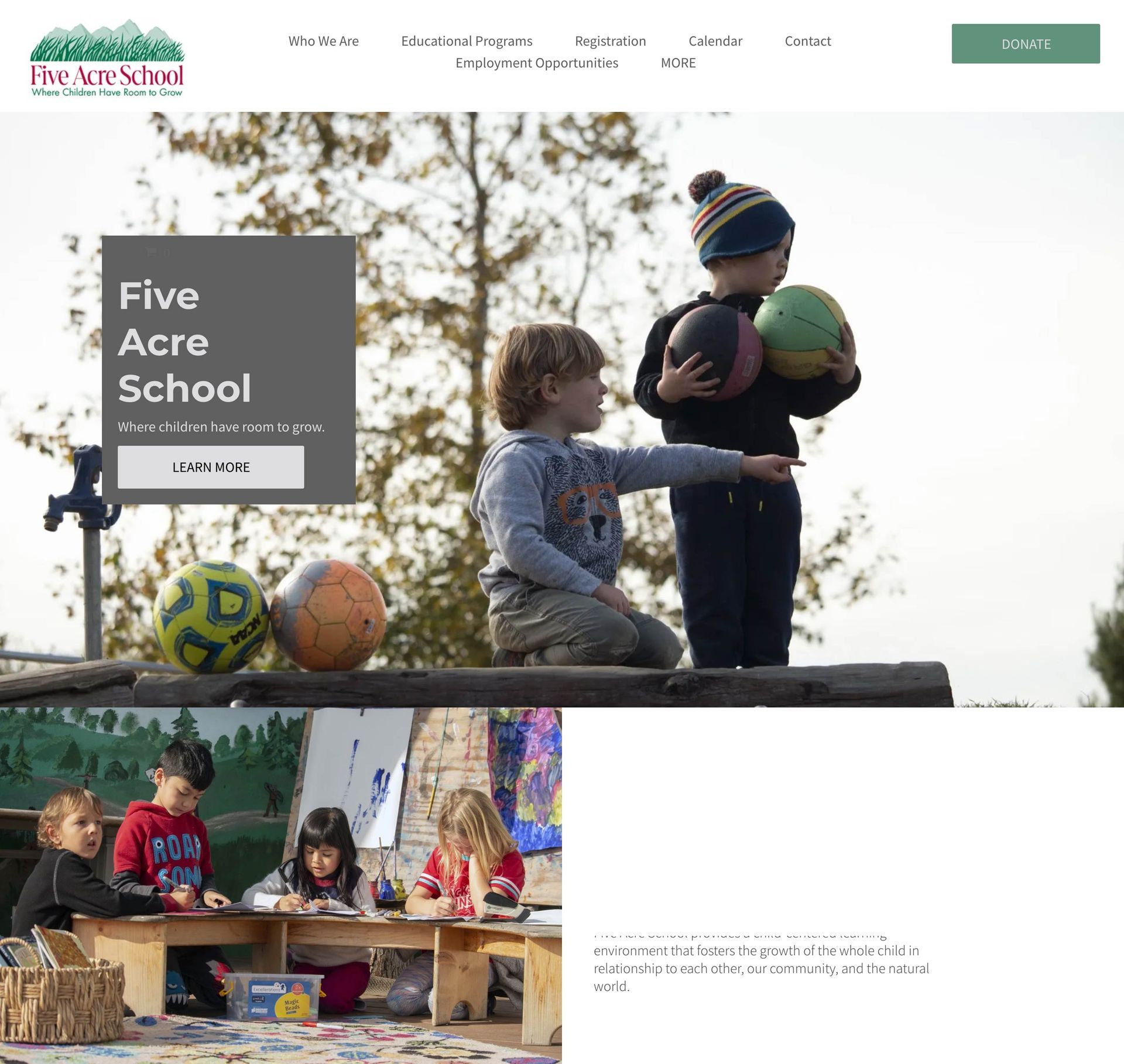 A screenshot of the website for five acre school