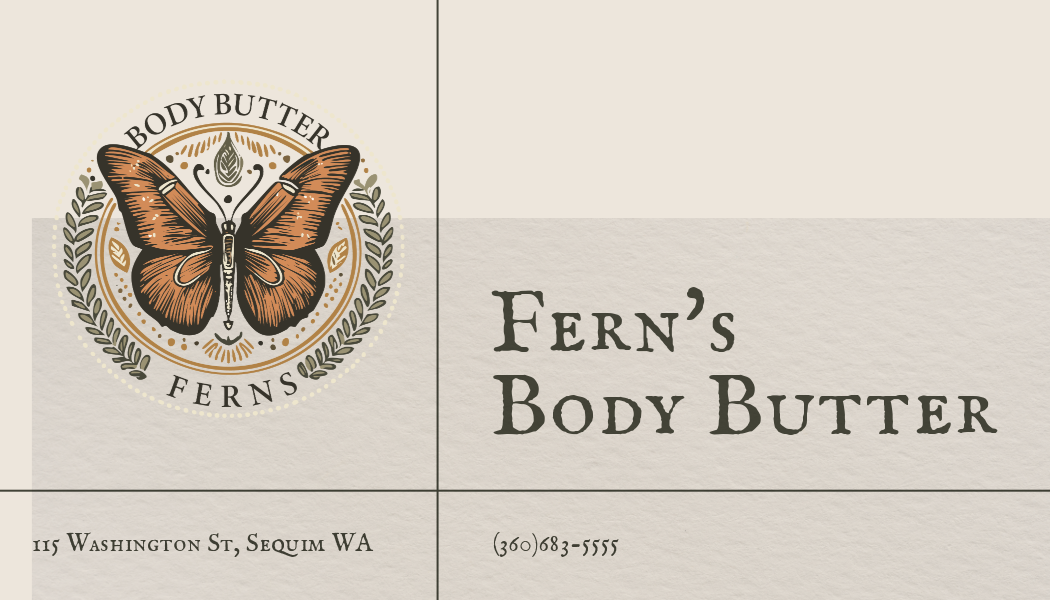 Business card design for fern 's body butter with a butterfly on it