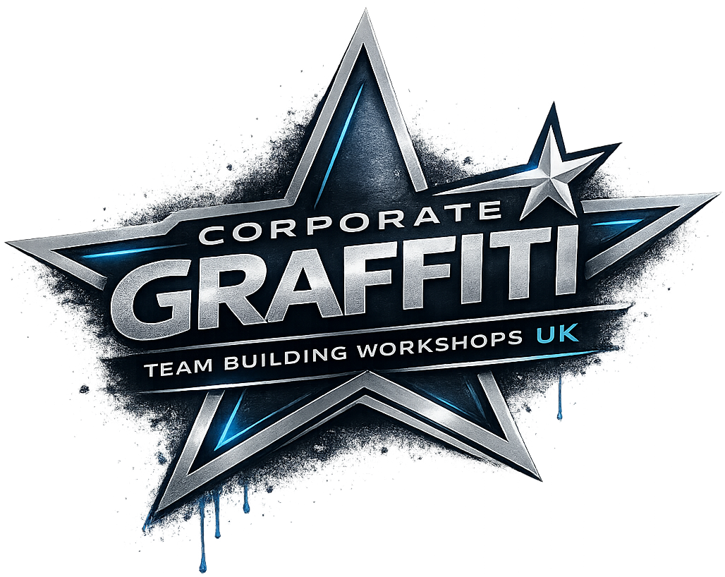 Corporate Graffiti Team Building Workshops UK urban executive logo with brushed metallic typography and graffiti spray detailing