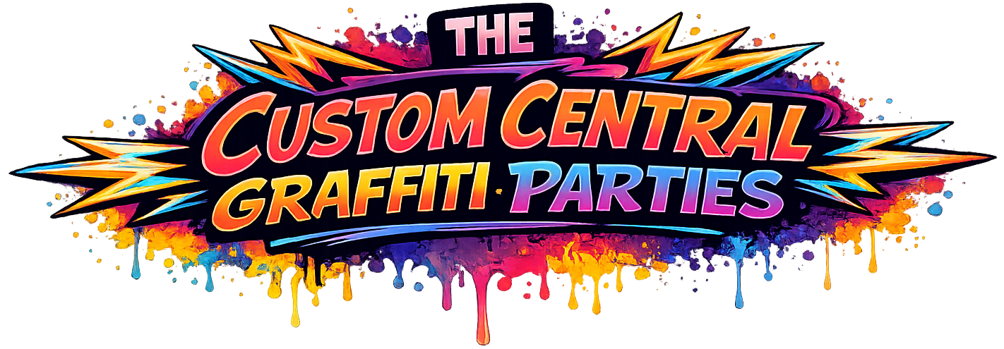 Custom Central Graffiti Parties banner logo colourful graffiti style kids party entertainment UK transparent background