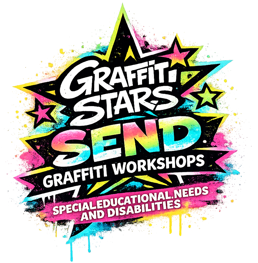 Graffiti Stars SEND Graffiti Workshops logo featuring bold graffiti lettering with a central star design, colourful SEND text in a blue, pink and yellow gradient, subtle paint splashes and drips, and the wording Special Educational Needs and Disabilities beneath, designed with a transparent background for use on school and education webpages.