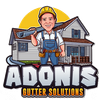 Cartoon plumber mascot holding a pipe in front of a house with &ldquo;ADONIS GUTTER SOLUTIONS&rdquo; text