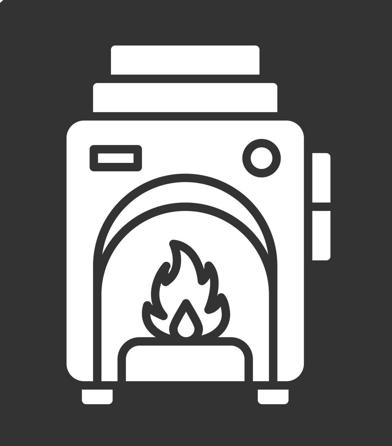 Icona di una fornace bianca con una fiamma visibile attraverso un'apertura ad arco, su sfondo grigio scuro.