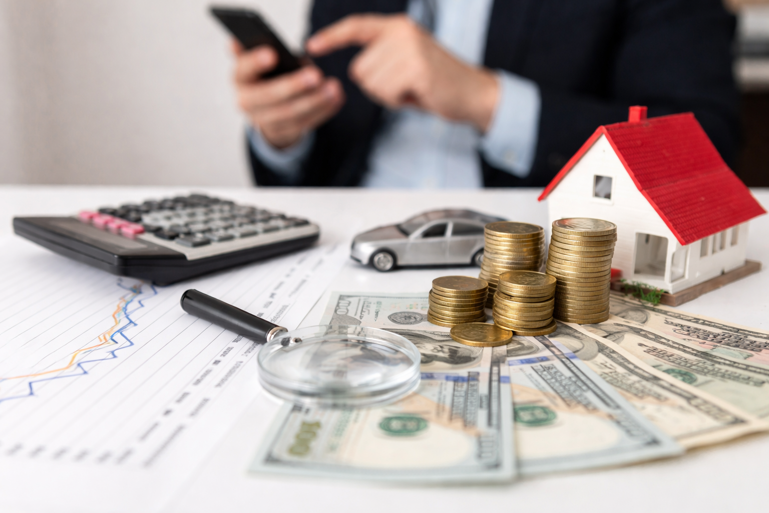 Pessoa usando um telefone ao lado de objetos financeiros: dinheiro, moedas, calculadora, maquete de casa e modelo de carro.