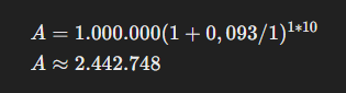 Equação matemática que demonstra o cálculo de juros compostos; resultado de um investimento de US$ 1.000.000 após 10 anos.