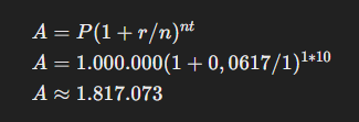 Fórmula matemática para calcular juros compostos com o resultado A ≈ 1.817.073.