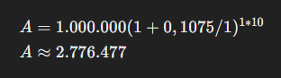 Equação para o cálculo de juros compostos. O valor inicial é de US$ 1.000.000, resultando em aproximadamente US$ 2.776.477 após os cálculos.