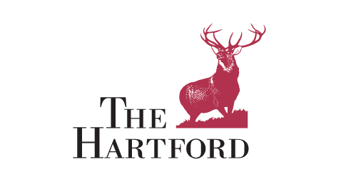 The Hartford logo: Burgundy stag standing on grass; text 