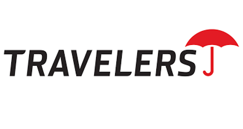 Travelers Insurance logo with black text and a red umbrella icon.