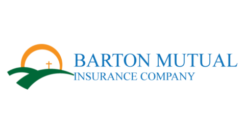 Barton Mutual Insurance Company logo: orange sun over green hills, small cross, blue text.