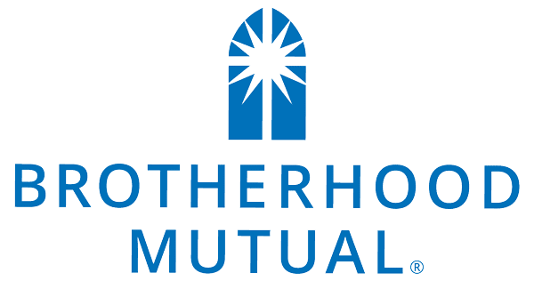 Brotherhood Mutual logo: blue arched window with a starburst, company name below in blue.