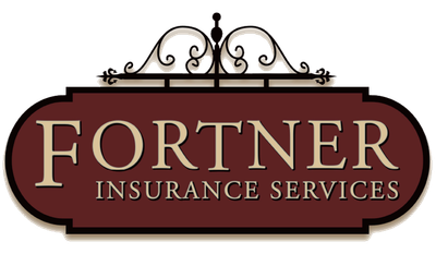 Sign for Fortner Insurance Services in burgundy and beige, with wrought iron top.