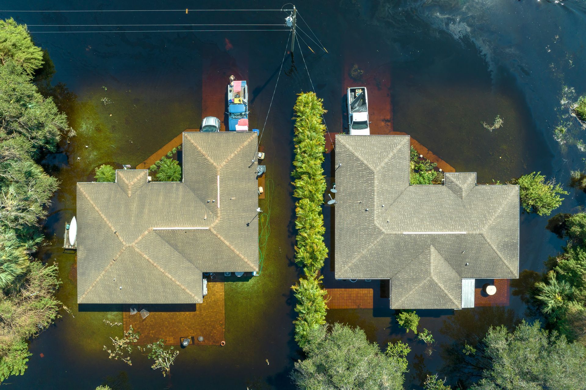 Flooded houses with boats docked in front. Dark water surrounds the homes, trees on edges.