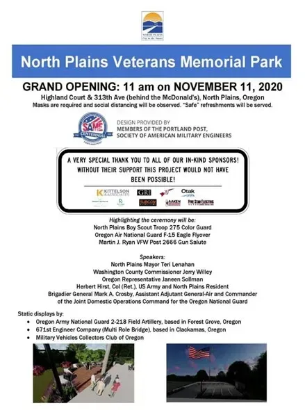 A poster for the north plains veterans memorial park