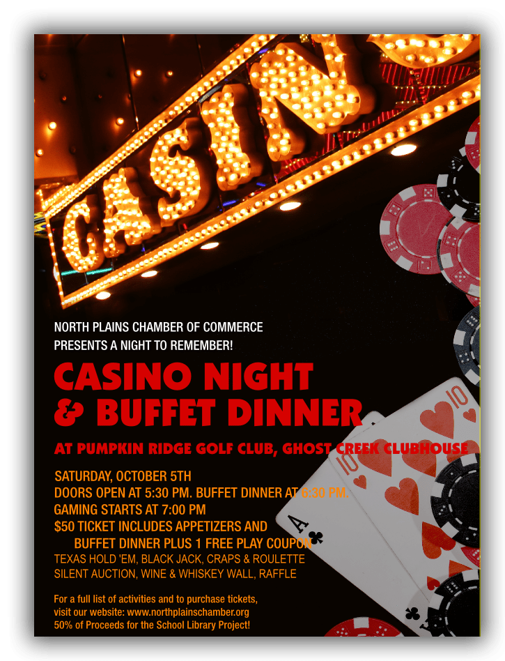 A poster for a casino night and buffet dinner