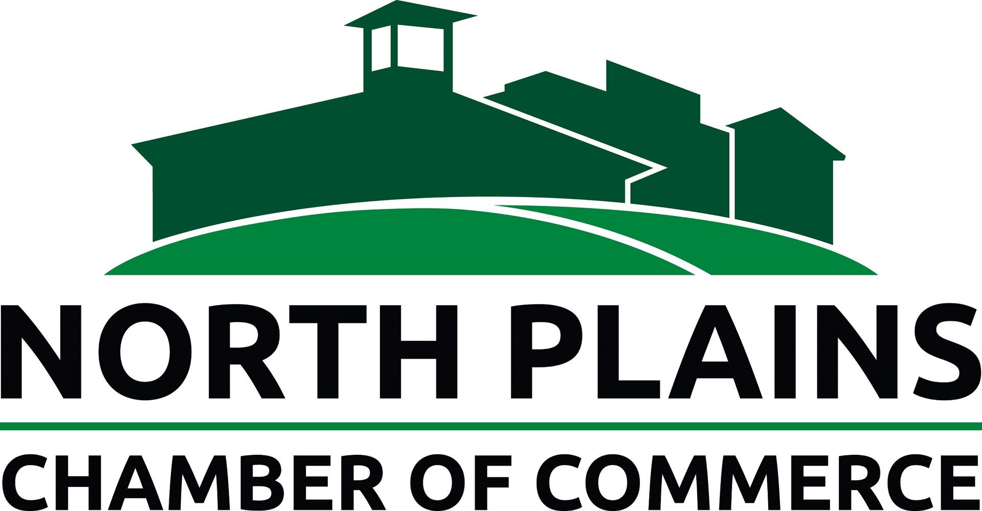 The north plains chamber of commerce logo has a green hill with houses on it.