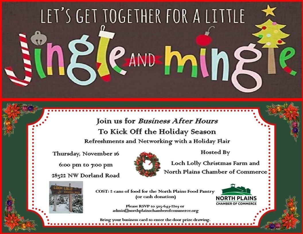 A christmas flyer that says let 's get together for a little jingle and mingle