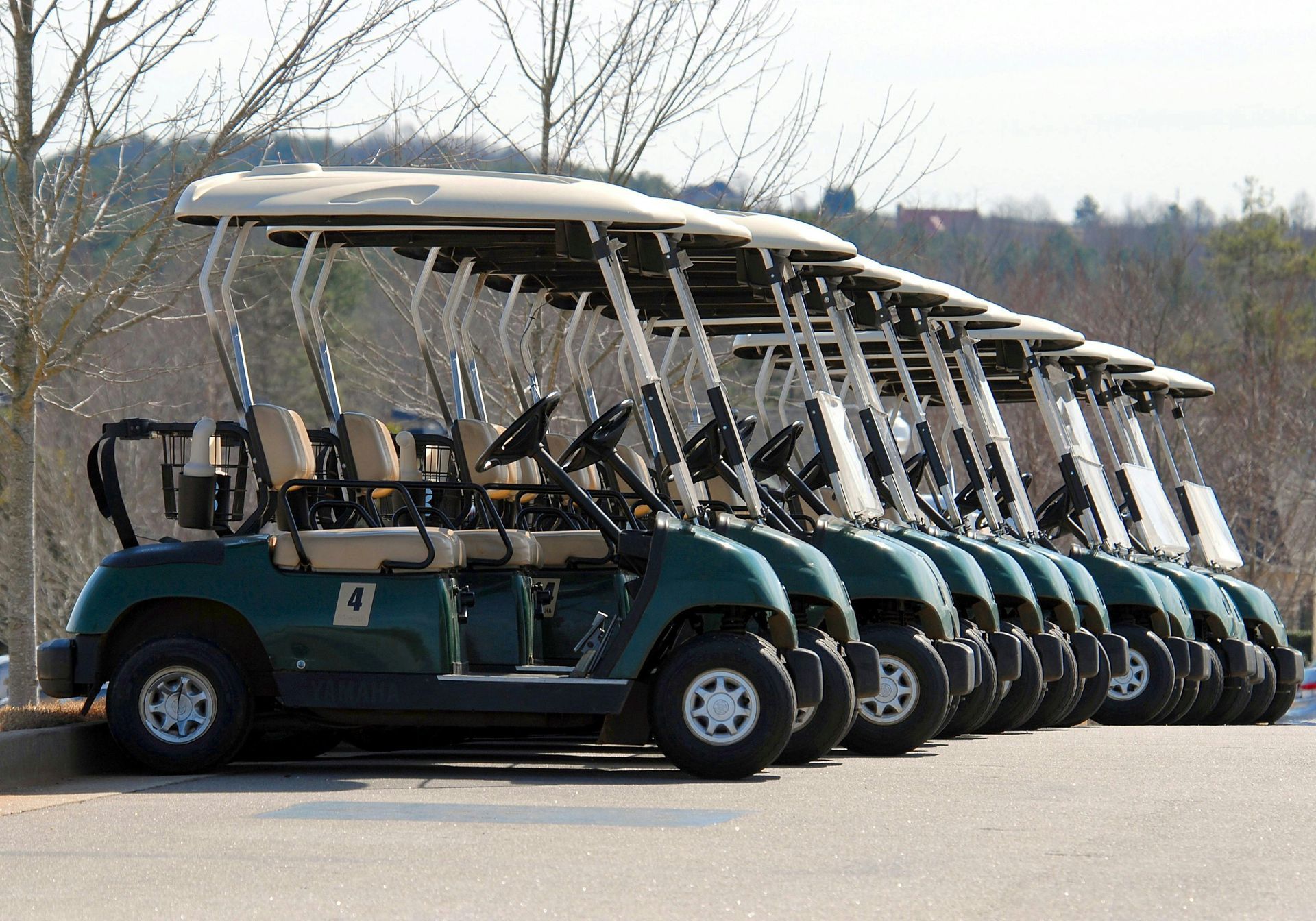 Green golf carts lined up, tan seating, parked in a row, outside.
