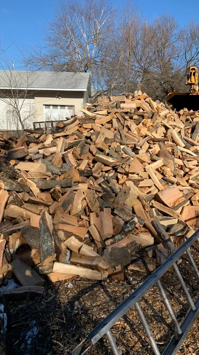 A large, messy pile of split firewood sits in a backyard next to a white house with a garage, under a clear blue sky.