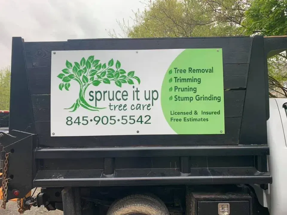 A sign on the side of a truck for Spruce It Up Tree Care, listing services like tree removal and the number 845-905-5542.