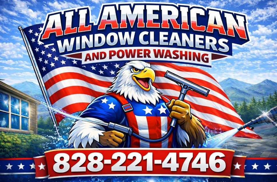 A logo for all american window cleaners with an eagle holding a squeegee.