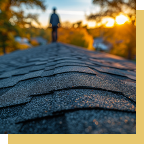 A man is standing on top of a roof at sunset.
