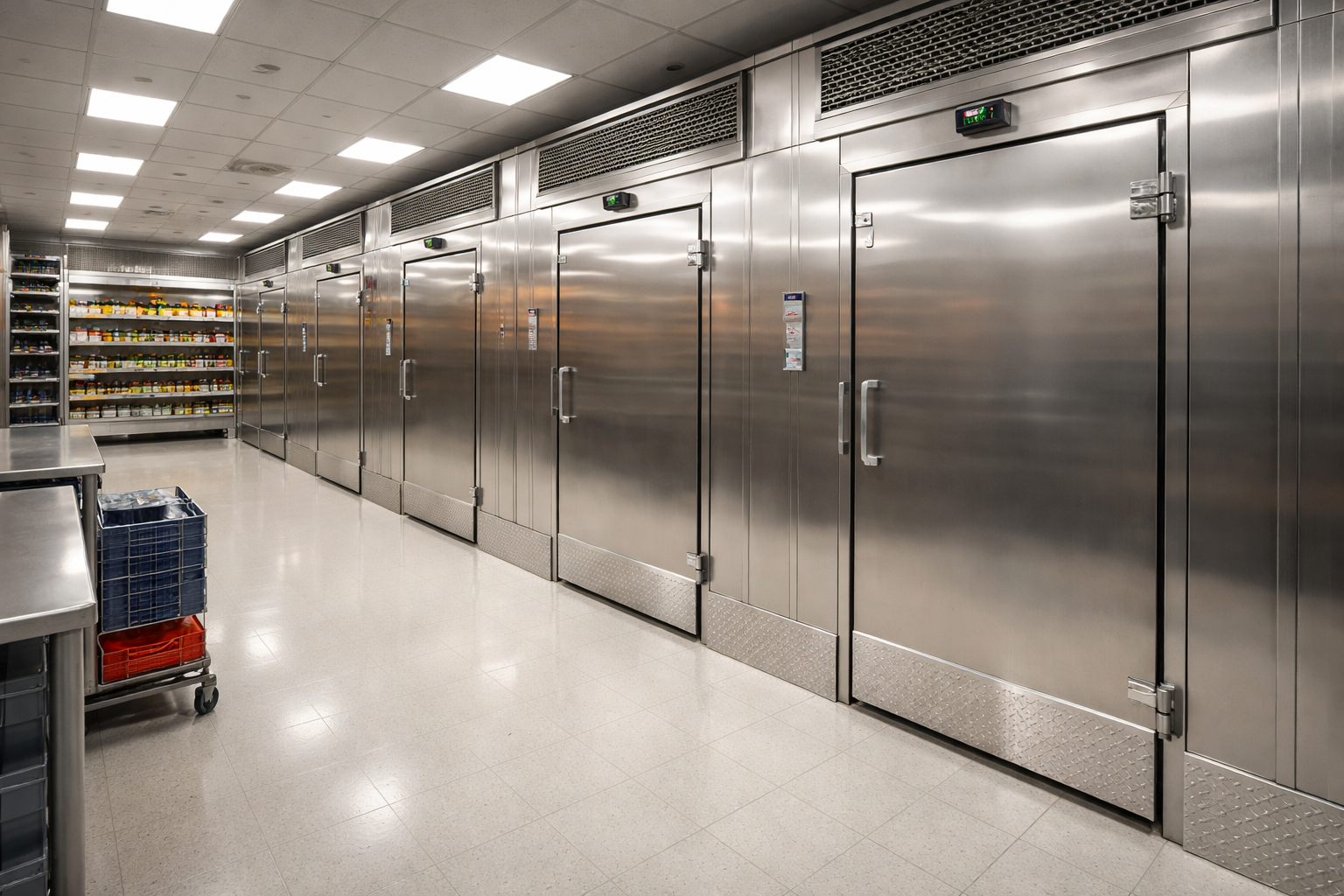 Walk-in freezers in a commercial kitchen. Stainless steel doors line the wall with a cart and shelves of food.