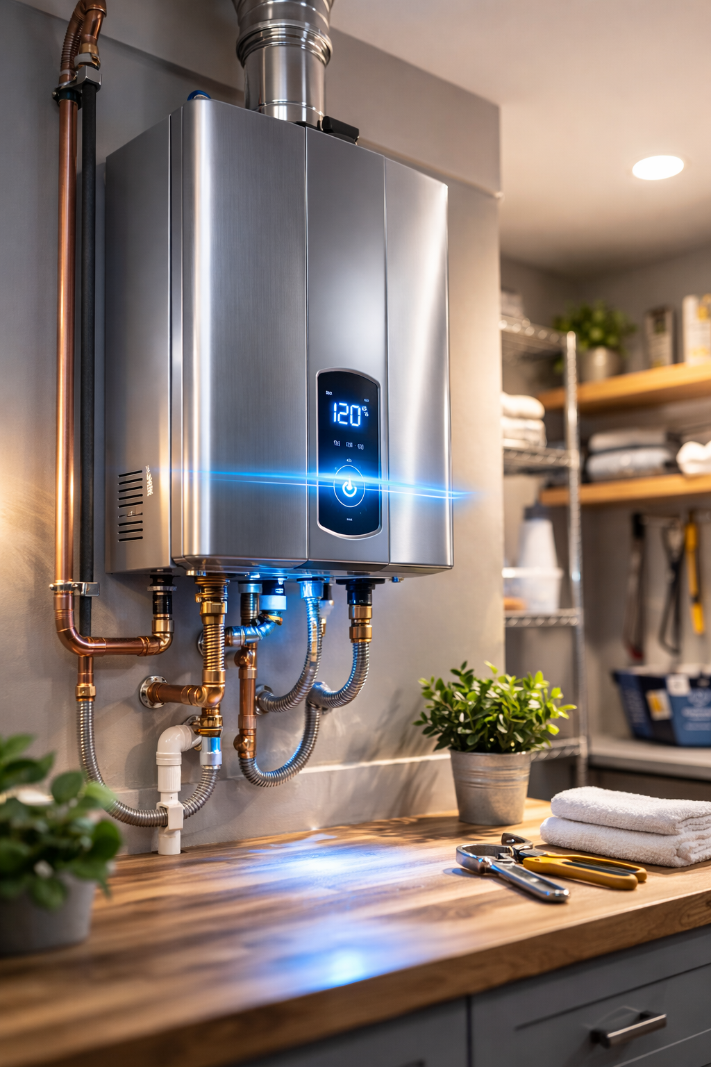 Tankless water heater installed on a wall. Copper pipes, digital display. Home laundry room setting.