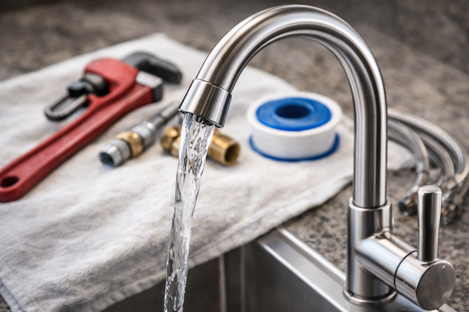 Water flowing from a faucet into a sink, with plumbing tools and supplies on a towel nearby.