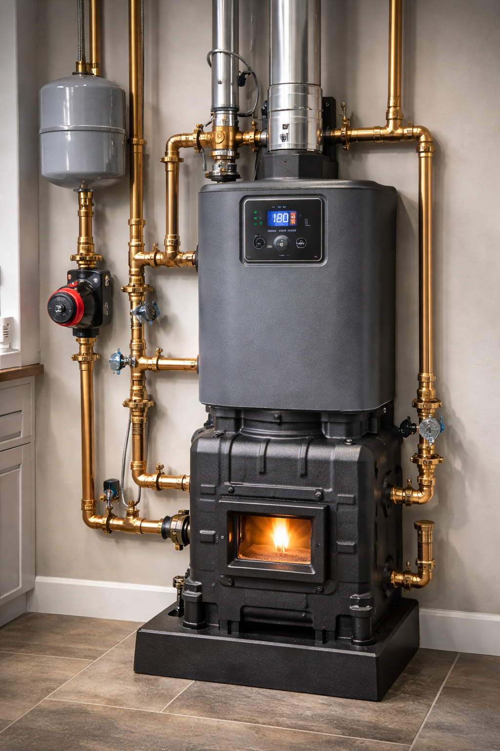 Black pellet stove with copper pipes and a digital display. Flames visible through the door.