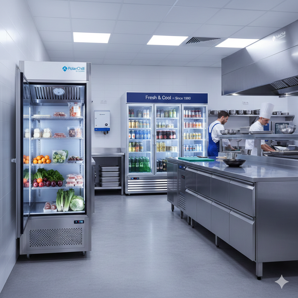 Commercial kitchen with refrigerators, workers, and stainless steel counters.