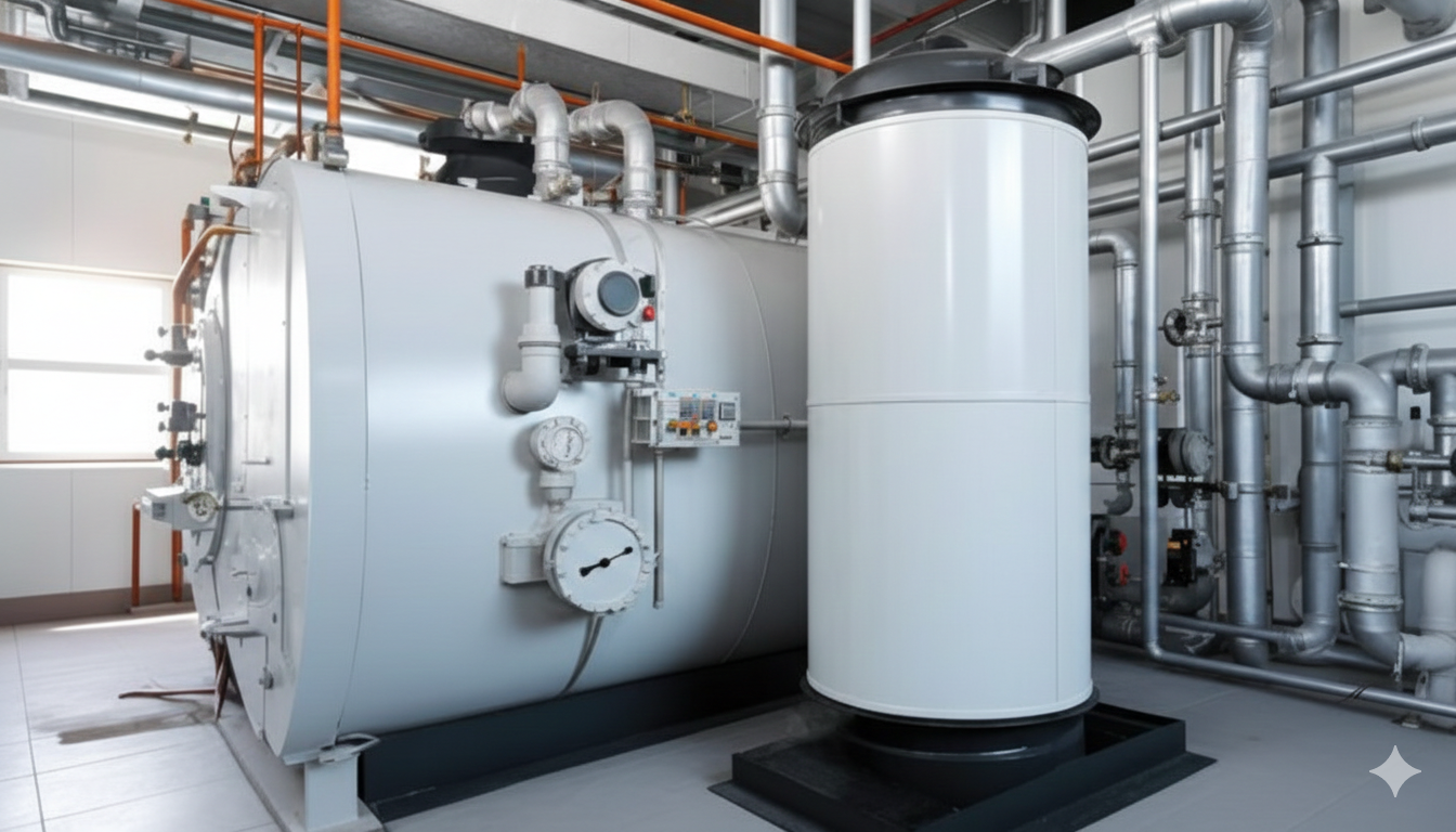 White industrial boiler and tank with pipes in a bright room.