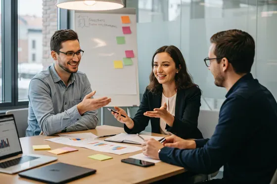 One woman and two men sitting at a table in business attire talking, smiling and planning together