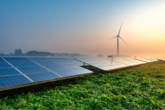 An outdoors scene with solar panels in a field with a windmill in the distance