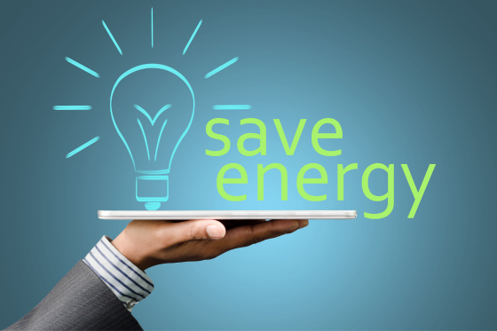 Outstretched hand pal side up holding a image that says Save energy