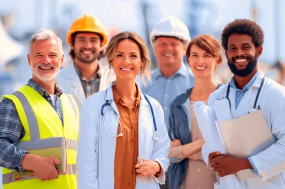 A smiling group of trades men and women each dressed as their profession